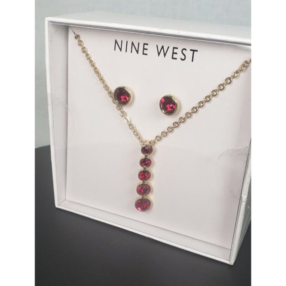 Nine West Jewelry Dark Red/Garnet Rhinestone Necklace and Earrings Set - Picture 1 of 7